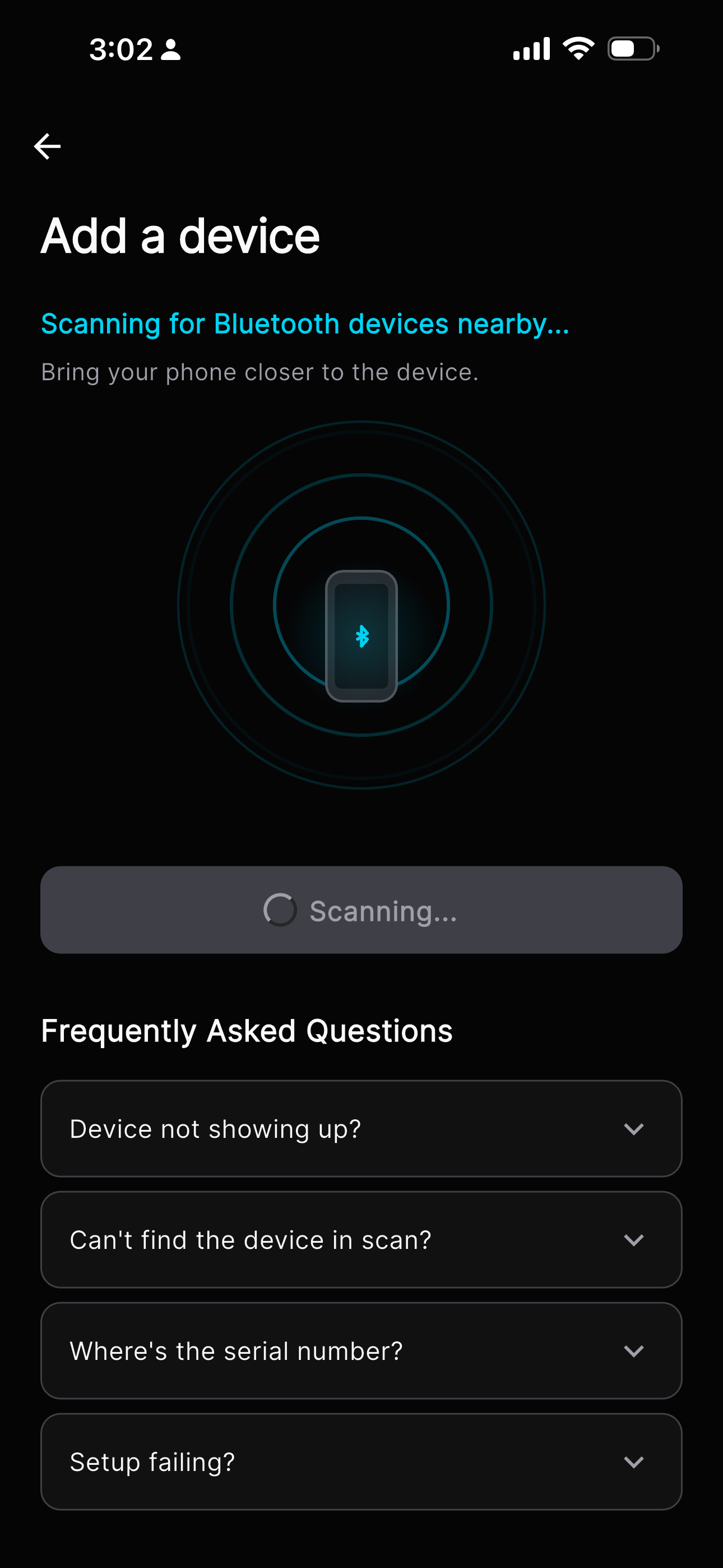 Neenjas Energy App device registration and help screen